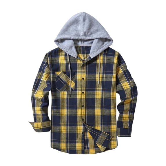 Lumtrix Mens Hooded Flannel Shirts Lightweight Long Sleeve Hoodie Shirt Casual Plaid Button Down Jackets with Pocket Yellow 2XL