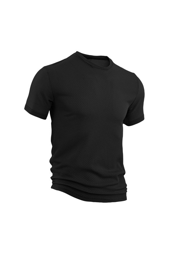 Mens Ice Silk Shirts Crew Neck Short Sleeve Fitted Tshirts Breathable Mesh Solid Color Pullovers Black L
