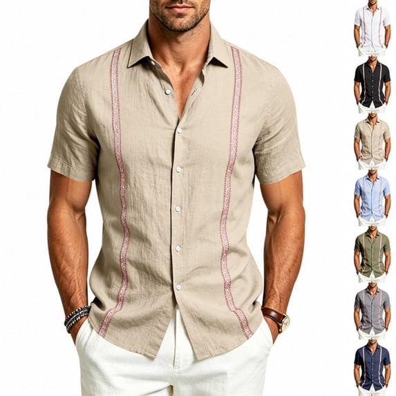 Lumtrix Mens Linen Button Down Shirt Short Sleeve Cuban Guayabera Shirt Resort Vacation Fitted Tops White 2XL