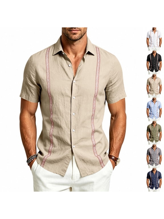 Mens Linen Button Down Shirt Short Sleeve Cuban Guayabera Shirt Resort Vacation Fitted Tops White XL