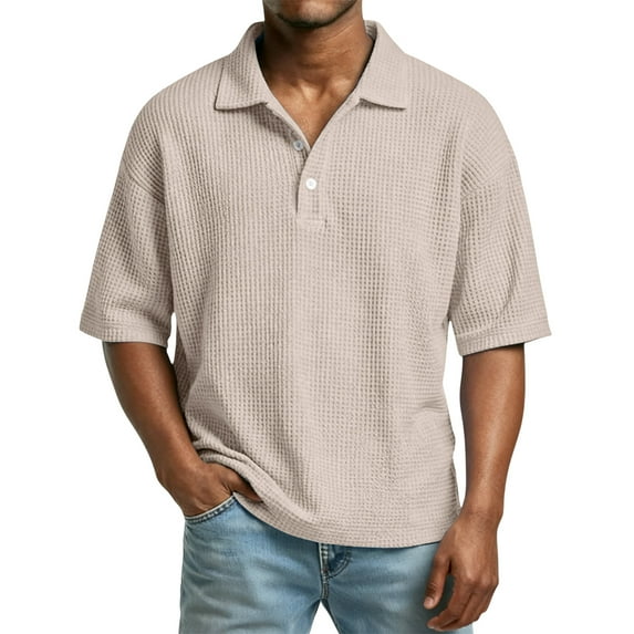 Lumtrix Mens Polo Shirts Short Sleeve Waffle Knit Casual Collared Pullover Workout Button Down Big And Tall Tops Khaki XL