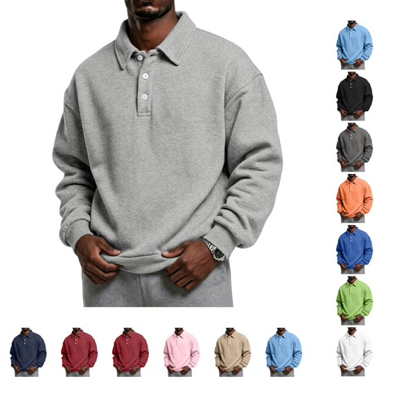 Lumtrix Mens Polo shirts Collar Sweatshirt Long Sleeve Pullover Casual Fleece Athletic Work Everyday Winter Fall Top Light Gray L