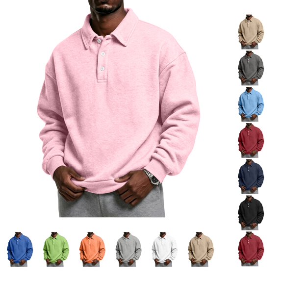 Lumtrix Mens Polo shirts Collar Sweatshirt Long Sleeve Pullover Casual Fleece Athletic Work Everyday Winter Fall Top Pink 2XL
