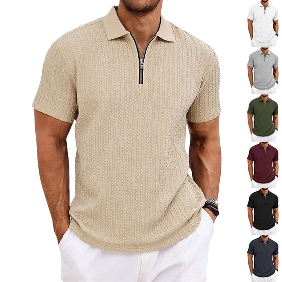 Lumtrix Mens Quarter Zip Polo Shirts Casual Summer Knit Textured Short Sleeve Tops Beach Vacation Stretchy Golf Shirts White S