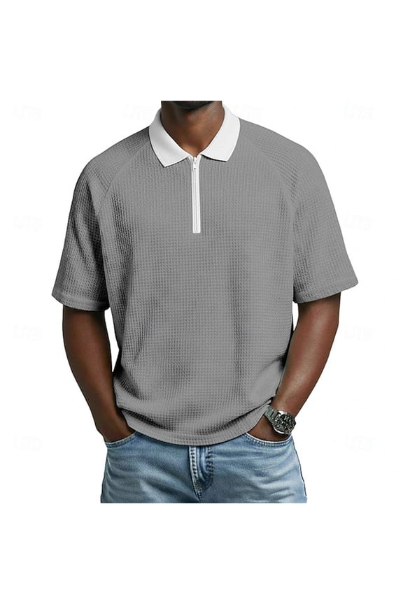 Mens Quarter Zip Polo Shirts Collared Short Sleeve Waffle Pullover Patchwork Loose Fit Tops Gray 3XL