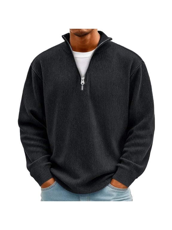 Mens Quarter Zip Pullover Corduroy Sweatshirt Casual Mock Neck Sweater Tops Lightweight Stand Collar Shirts Black M