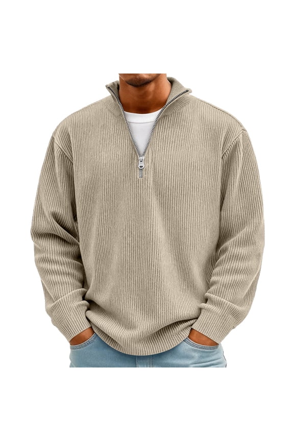 Mens Quarter Zip Pullover Corduroy Sweatshirt Casual Mock Neck Sweater Tops Lightweight Stand Collar Shirts Khaki 4XL