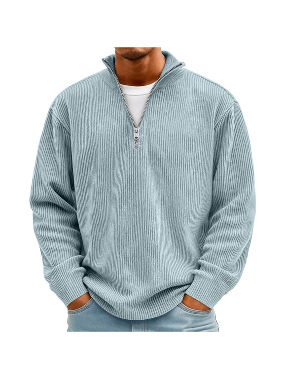 Mens Quarter Zip Pullover Corduroy Sweatshirt Casual Mock Neck Sweater Tops Lightweight Stand Collar Shirts Sky Blue 3XL