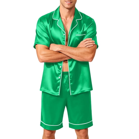 Lumtrix Mens Satin Silk Pajamas Sets Short Sleeve Button-Down Sleepwear Two Piece Loungewear with Pockets Green L