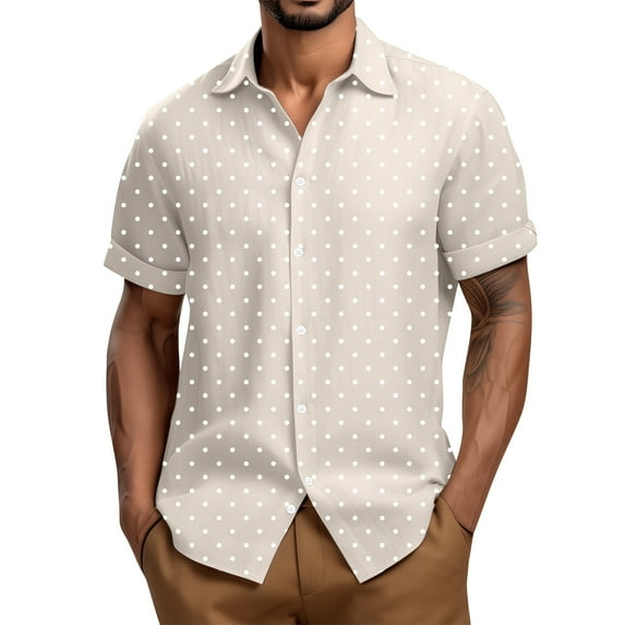 Lumtrix Mens Shirt Guayabera Cuban Short Sleeve Button Down Cotton Summer Beach Hippie Polka Dot Shirts Beige XL
