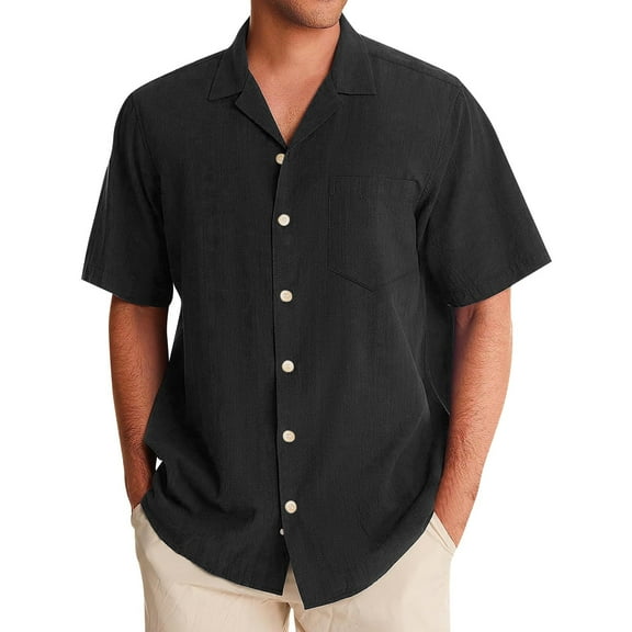 Lumtrix Mens Shirt Guayabera Cuban Short Sleeve Button Down Cotton Summer Beach Solid Color Shirts with Pocket Black XL
