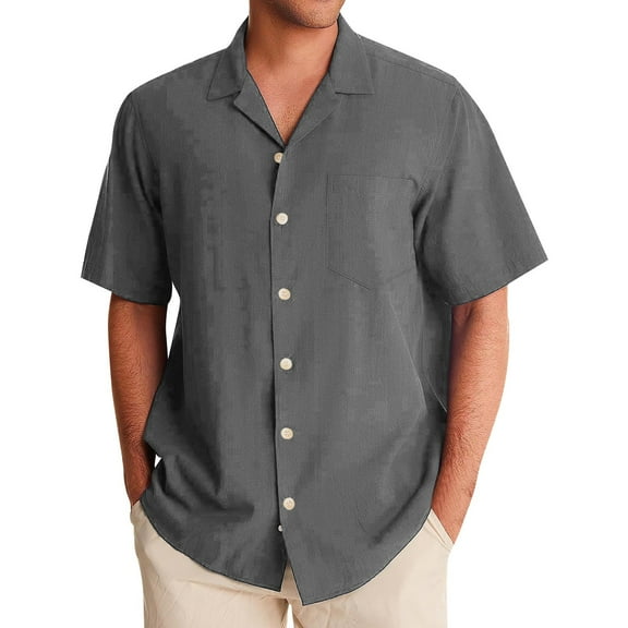 Lumtrix Mens Shirt Guayabera Cuban Short Sleeve Button Down Cotton Summer Beach Solid Color Shirts with Pocket Gray M