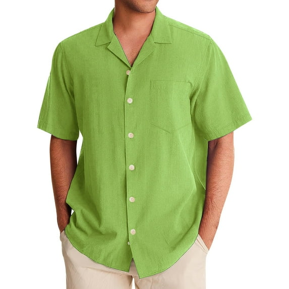 Lumtrix Mens Shirt Guayabera Cuban Short Sleeve Button Down Cotton Summer Beach Solid Color Shirts with Pocket Green XL