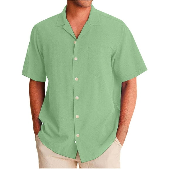Lumtrix Mens Shirt Guayabera Cuban Short Sleeve Button Down Cotton Summer Beach Solid Color Shirts with Pocket Mint Green L