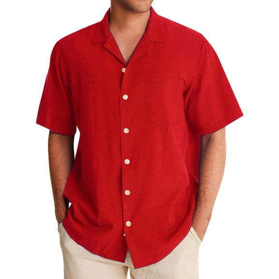 Lumtrix Mens Shirt Guayabera Cuban Short Sleeve Button Down Cotton Summer Beach Solid Color Shirts with Pocket Red M