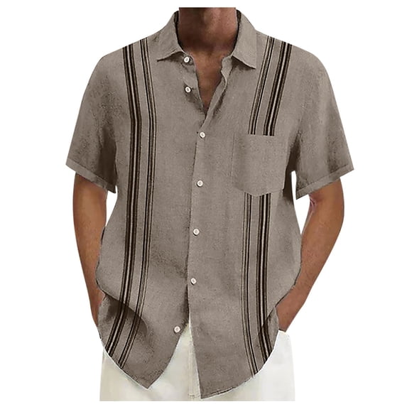 Lumtrix Mens Shirt Guayabera Cuban Short Sleeve Button Down Summer Beach Hippie Shirts Khaki 2XL