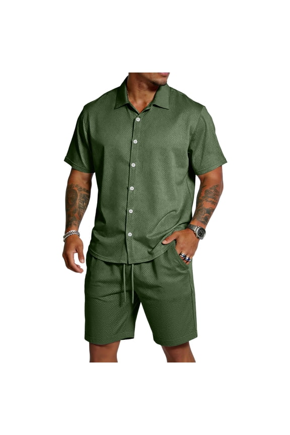 Mens Short Sleeve 2 Piece Sets Button Down Dressy Casual Summer Beach Vacation Linen Shirt And Shorts Outfit Army Green 3XL