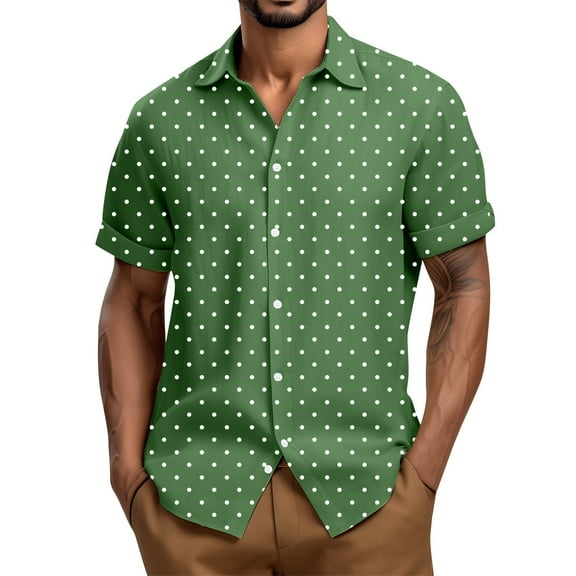 Lumtrix Mens Short Sleeve Button Down Shirts Wrinkle Free Dress Shirts Casual Polka Dot Print Shirt with Pocket Green XL