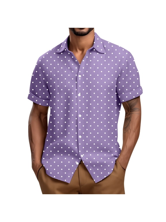 Mens Shirt Guayabera Cuban Short Sleeve Button Down Cotton Summer Beach Hippie Polka Dot Shirts Purple M