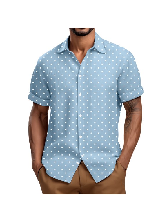 Mens Shirt Guayabera Cuban Short Sleeve Button Down Cotton Summer Beach Hippie Polka Dot Shirts Sky Blue L