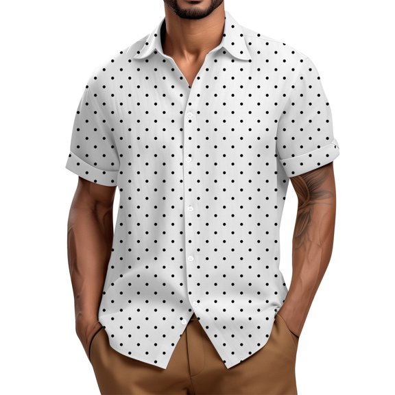 Lumtrix Mens Short Sleeve Button Down Shirts Wrinkle Free Dress Shirts Casual Polka Dot Print Shirt with Pocket White L