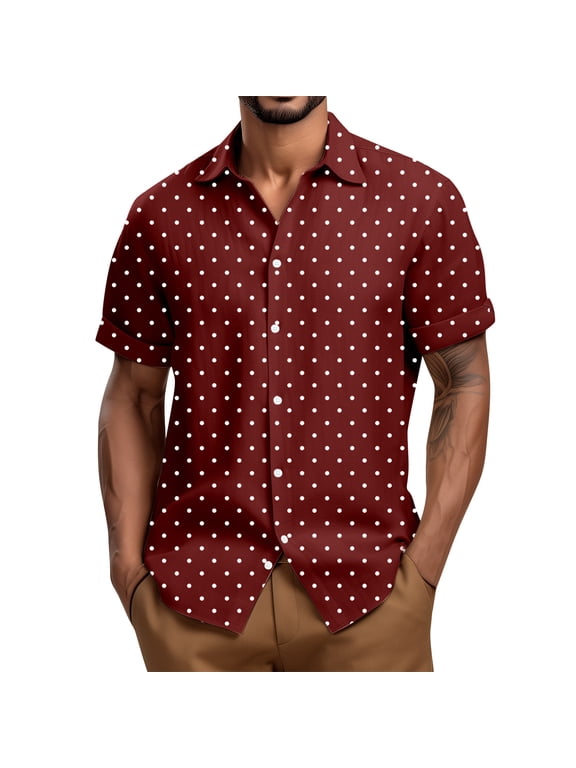 Mens Shirt Guayabera Cuban Short Sleeve Button Down Cotton Summer Beach Hippie Polka Dot Shirts Wine L