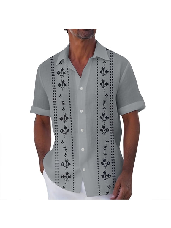Mens Short Sleeve Cuban Camp Guayabera Shirt Hippie Summer Beach Button Down Shirts Gray L