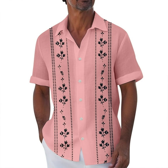Lumtrix Mens Short Sleeve Cuban Camp Guayabera Shirt Hippie Summer Beach Button Down Shirts Pink 2XL