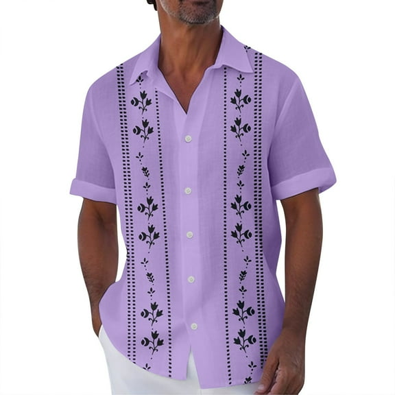 Lumtrix Mens Short Sleeve Cuban Camp Guayabera Shirt Hippie Summer Beach Button Down Shirts Purple L