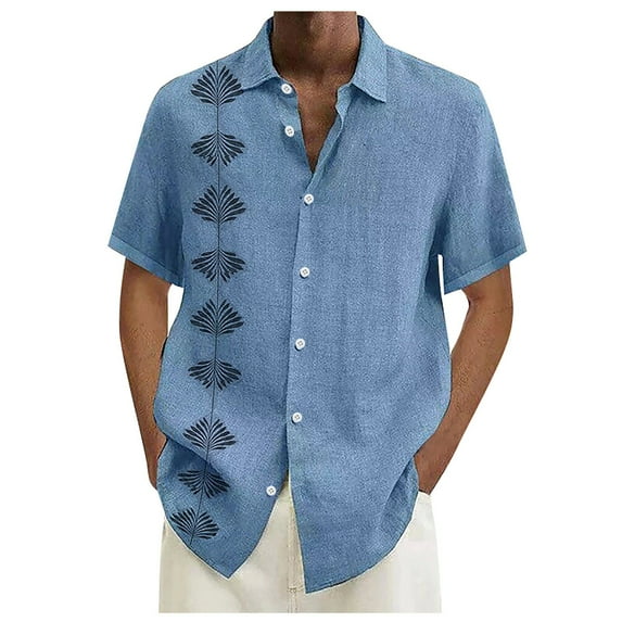 Lumtrix Mens Short Sleeve Cuban Camp Guayabera Shirt Linen Cotton Summer Hippie Beach Button Down Shirts Blue 4XL
