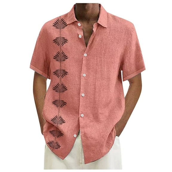 Lumtrix Mens Short Sleeve Cuban Camp Guayabera Shirt Linen Cotton Summer Hippie Beach Button Down Shirts Pink L
