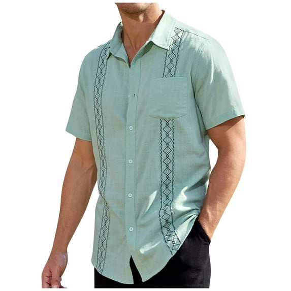 Lumtrix Mens Short Sleeve Cuban Guayabera Shirt Casual Summer Holiday Beach Button Down Shirts with Pocket Green M