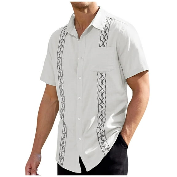 Lumtrix Mens Short Sleeve Cuban Guayabera Shirt Casual Summer Holiday Beach Button Down Shirts with Pocket White 2XL