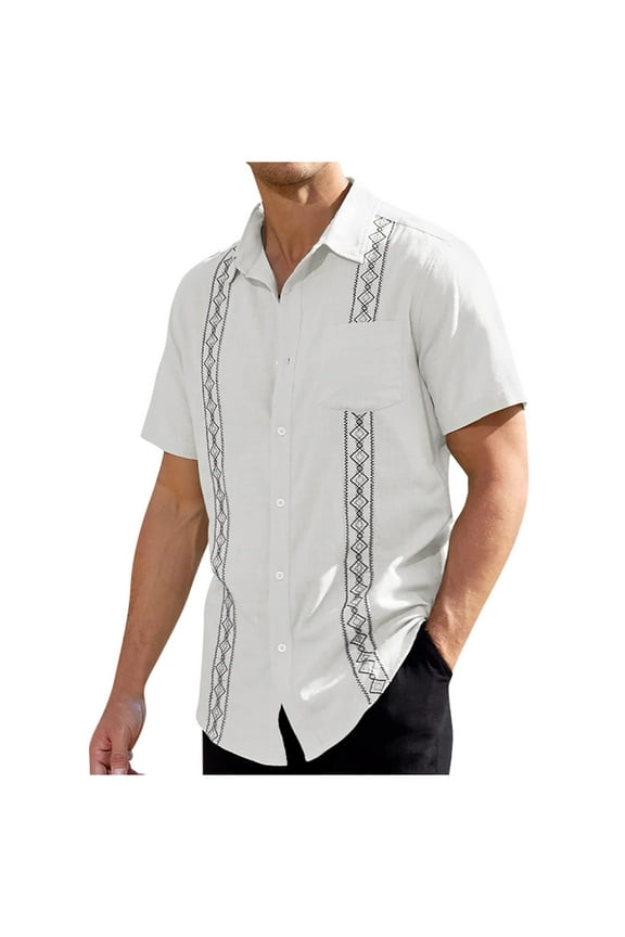 Mens Short Sleeve Cuban Guayabera Shirt Casual Summer Holiday Beach Button Down Shirts with Pocket White XL