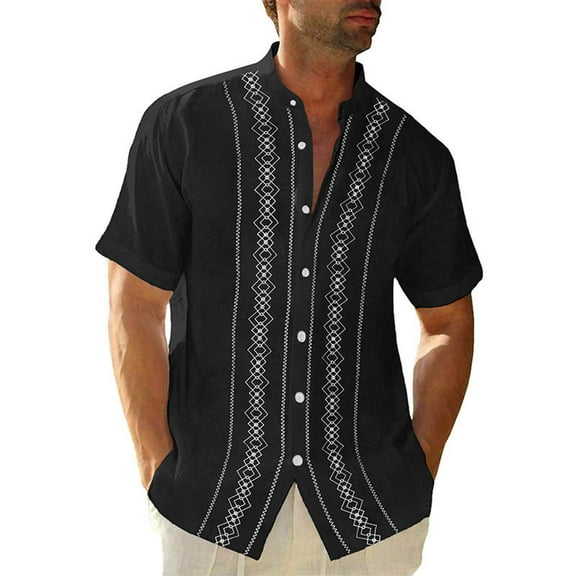 Lumtrix Mens Summer Striped Cuban Guayabera Shirts Button Down Short Sleeve Vintage Beach Hawaiian Shirts Black 2XL