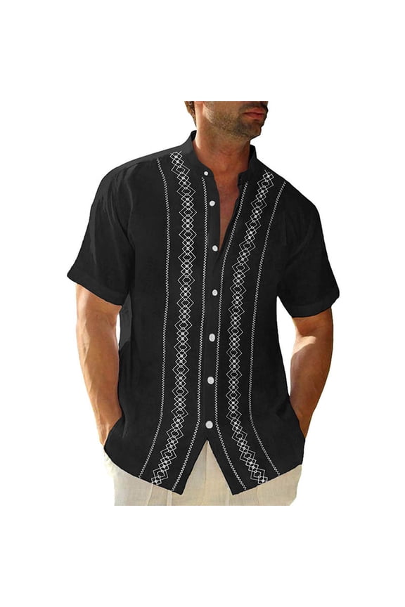 Mens Summer Striped Cuban Guayabera Shirts Button Down Short Sleeve Vintage Beach Hawaiian Shirts Black 2XL