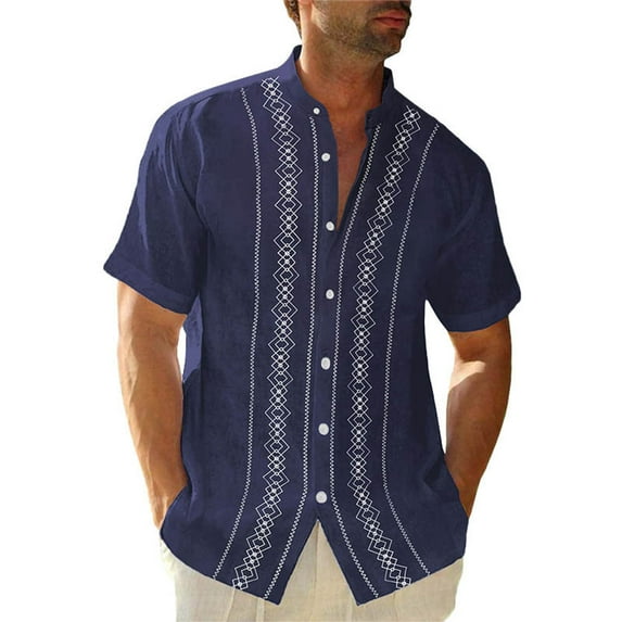 Lumtrix Mens Summer Striped Cuban Guayabera Shirts Button Down Short Sleeve Vintage Beach Hawaiian Shirts Dark Blue M