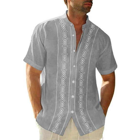 Lumtrix Mens Summer Striped Cuban Guayabera Shirts Button Down Short Sleeve Vintage Beach Hawaiian Shirts Gray 2XL