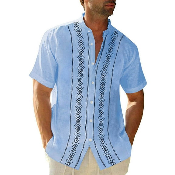 Lumtrix Mens Summer Striped Cuban Guayabera Shirts Button Down Short Sleeve Vintage Beach Hawaiian Shirts Sky Blue 2XL