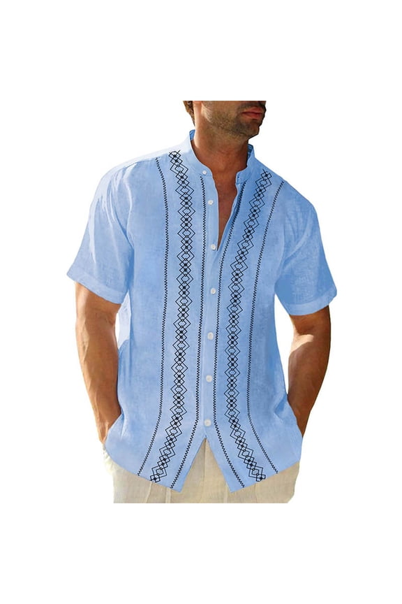 Mens Summer Striped Cuban Guayabera Shirts Button Down Short Sleeve Vintage Beach Hawaiian Shirts Sky Blue 2XL