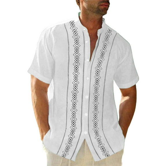 Lumtrix Mens Summer Striped Cuban Guayabera Shirts Button Down Short Sleeve Vintage Beach Hawaiian Shirts White M