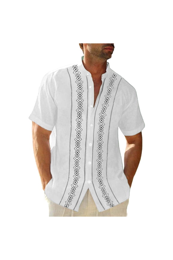 Mens Summer Striped Cuban Guayabera Shirts Button Down Short Sleeve Vintage Beach Hawaiian Shirts White M