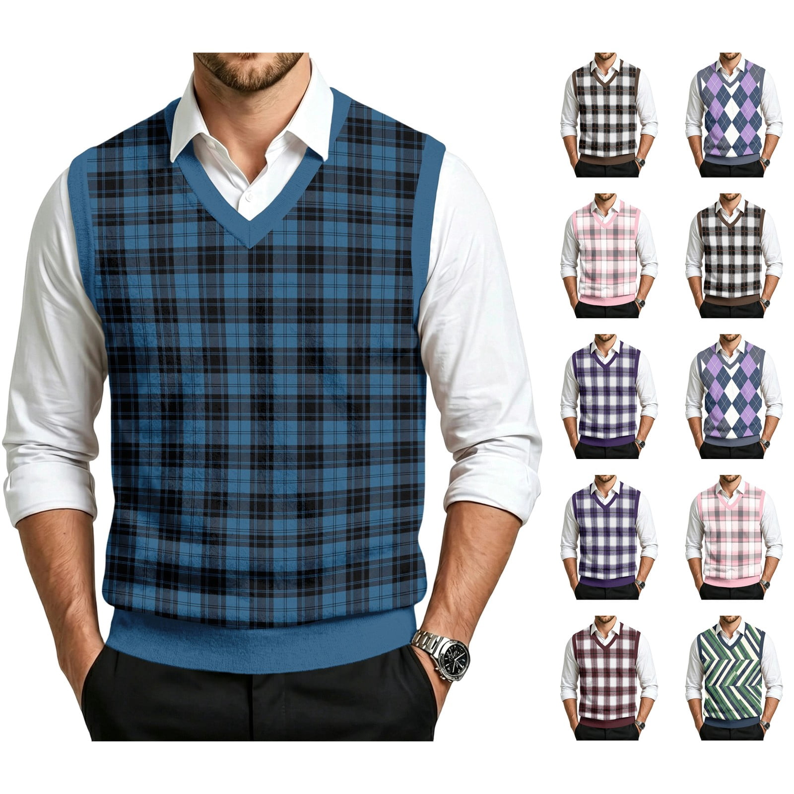 Lumtrix Mens Sweater Vests V Neck Argyle Vintage Knit Vests Sleeveless ...