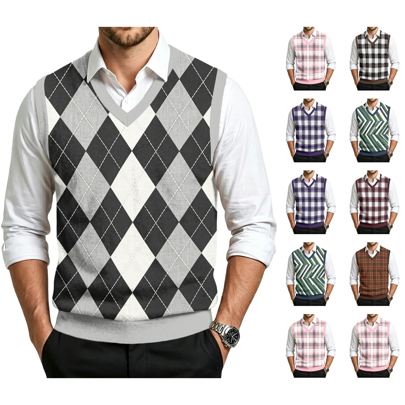 Lumtrix Mens Sweater Vests V Neck Argyle Vintage Knit Vests Sleeveless ...