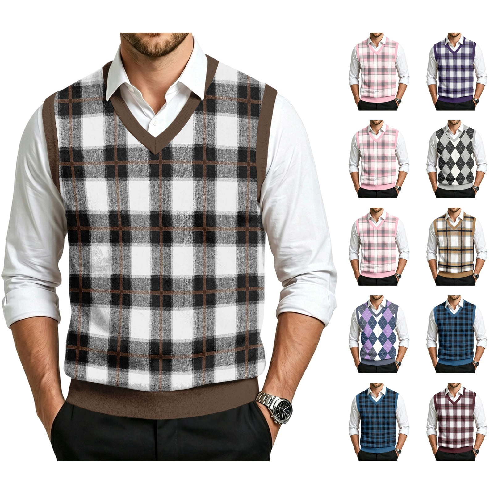 Lumtrix Mens Sweater Vests V Neck Argyle Vintage Knit Vests Sleeveless ...
