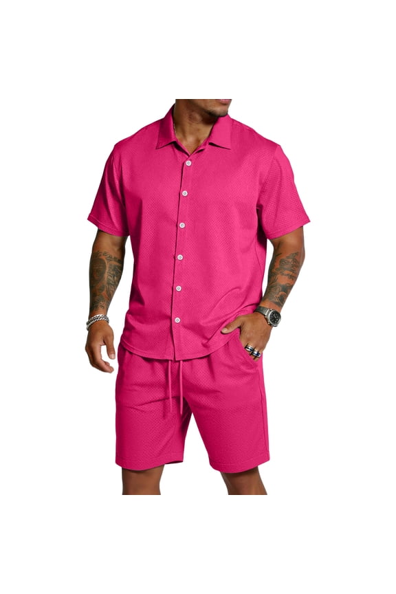 Mens Track Suits 2 Piece Outfits Summer Short Sleeve Casual Button Down Shirts And Shorts Set Beach Resort Loungewear Hot Pink S