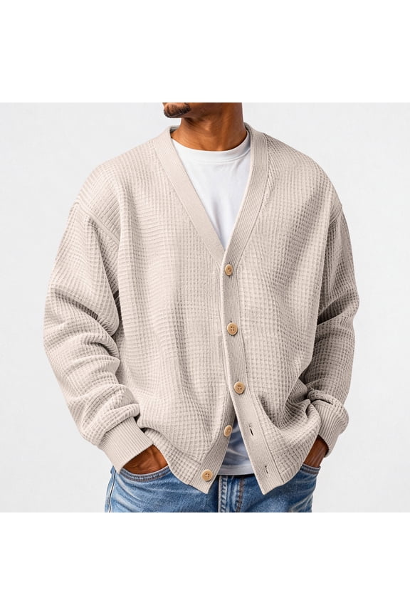 Mens Waffle Cardigan Sweater Long Sleeve V-Neck Knitted Sweaters Oversized Button Down Cardigan Beige XL