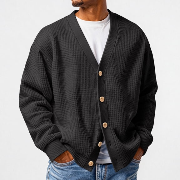 Lumtrix Mens Waffle Cardigan Sweater Long Sleeve V-Neck Knitted Sweaters Oversized Button Down Cardigan Black L