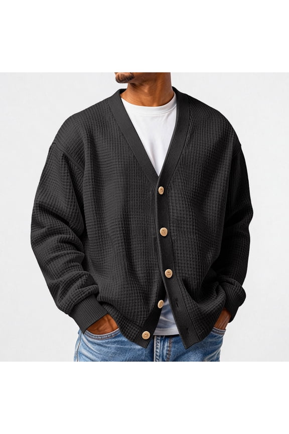 Mens Waffle Cardigan Sweater Long Sleeve V-Neck Knitted Sweaters Oversized Button Down Cardigan Black M