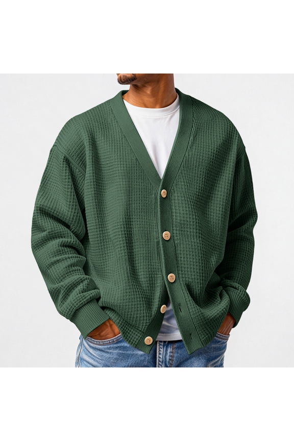 Mens Waffle Cardigan Sweater Long Sleeve V-Neck Knitted Sweaters Oversized Button Down Cardigan Dark Green 3XL